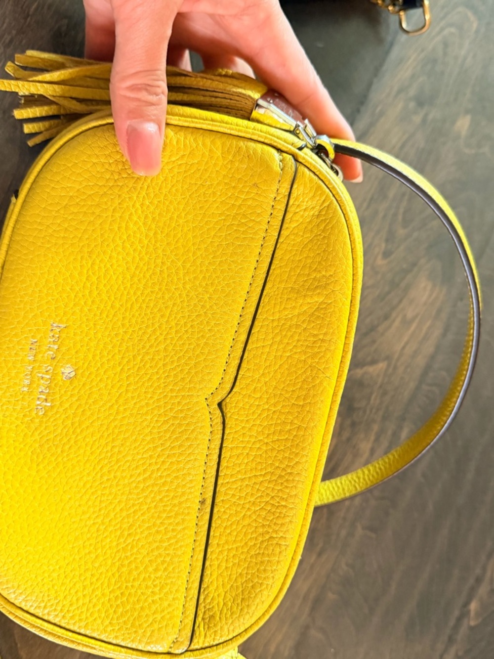 kate spade Pebbled Leather Crossbody in Bright Yellow with Tassel
